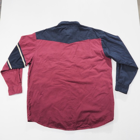 Wrangler Western Shirt Mens Extra Large Colorblock Burgundy Tan Blue Snap Front - Picture 2 of 9
